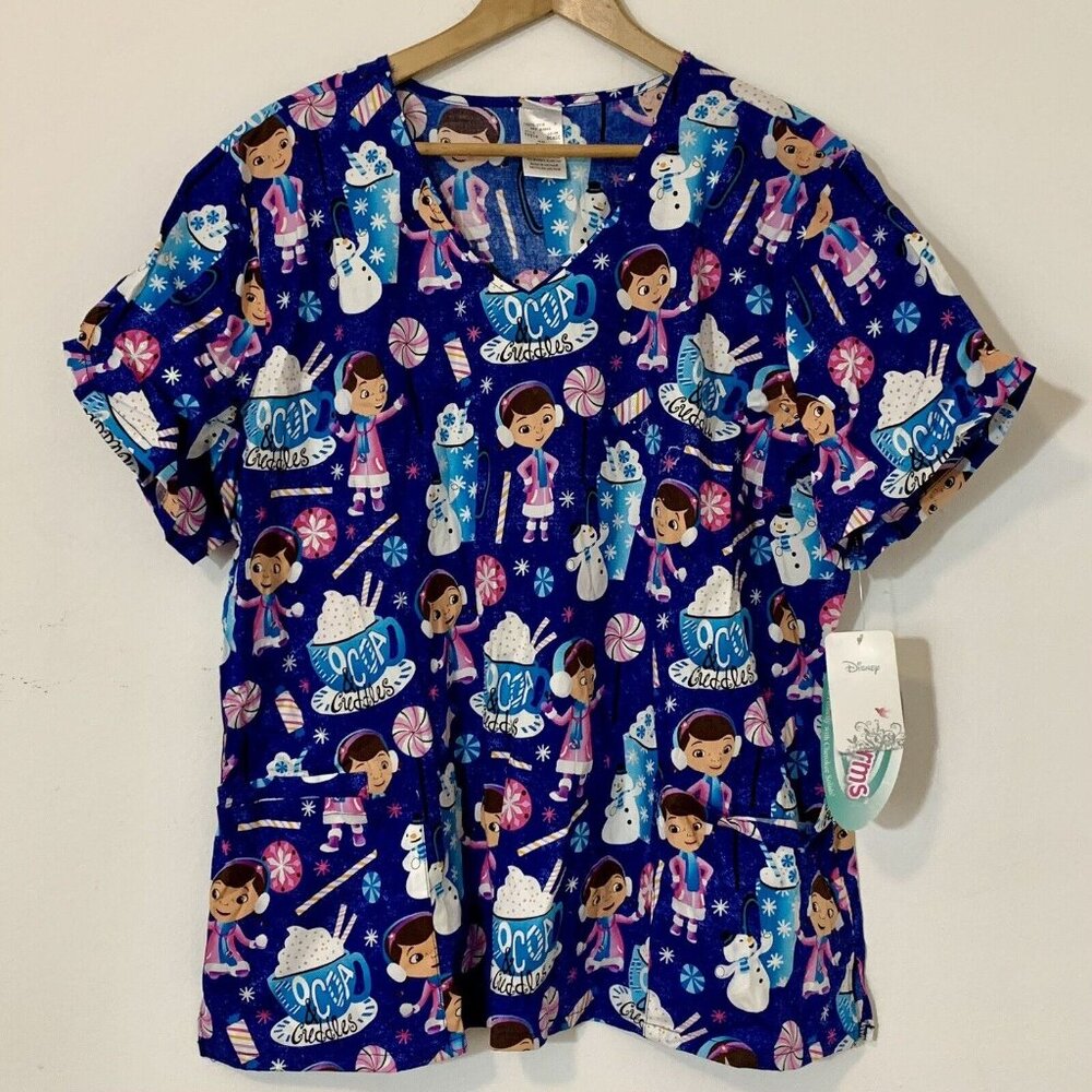 DISNEY Scrubs Tooniforms Prints V-Neck Top In Cocoa Cuddles Glitter Size 3XL NWT